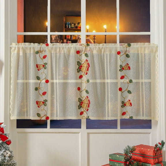 PONPRNGY 1Pc Christmas Bell Embroidered Christmas Holiday Kitchen Window Rod Pocket Swag Curtain