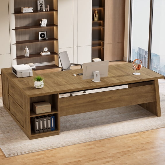 Tribesigns 78-Inch L Shaped Executive Office Desk, Large Computer Desk with 2 Drawers and 4 Open Shelves (Oak Brown)