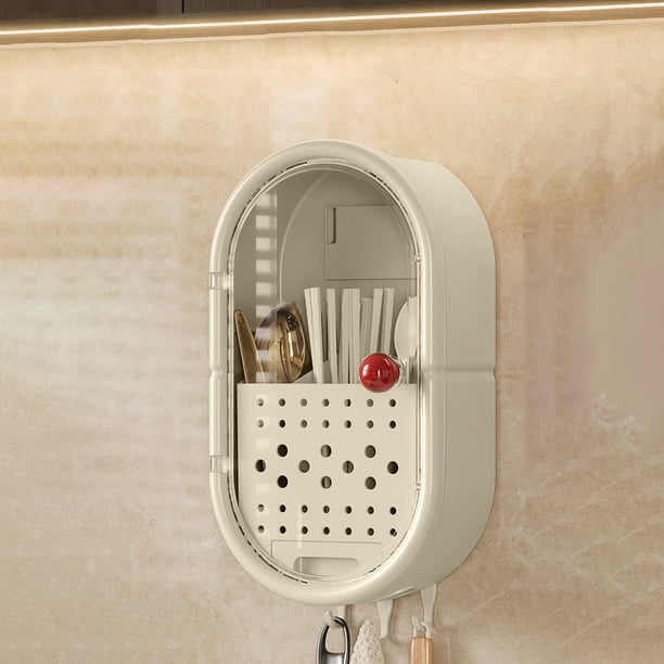 Soporte magnético para jaula de palillos de puerta | Caja de almacenamiento de vajilla montada en la pared y encimera de cocina multifuncional | Plástico, Beige Blanco, 18.5in | A prueba de polvo,