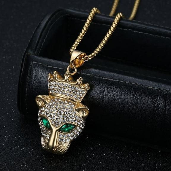 Fashion Men 14K Yellow Gold Hip Hop Zircon Bling Iced Out Panther Leopard Crown Pendant Collar Chain Necklace for Men Women
