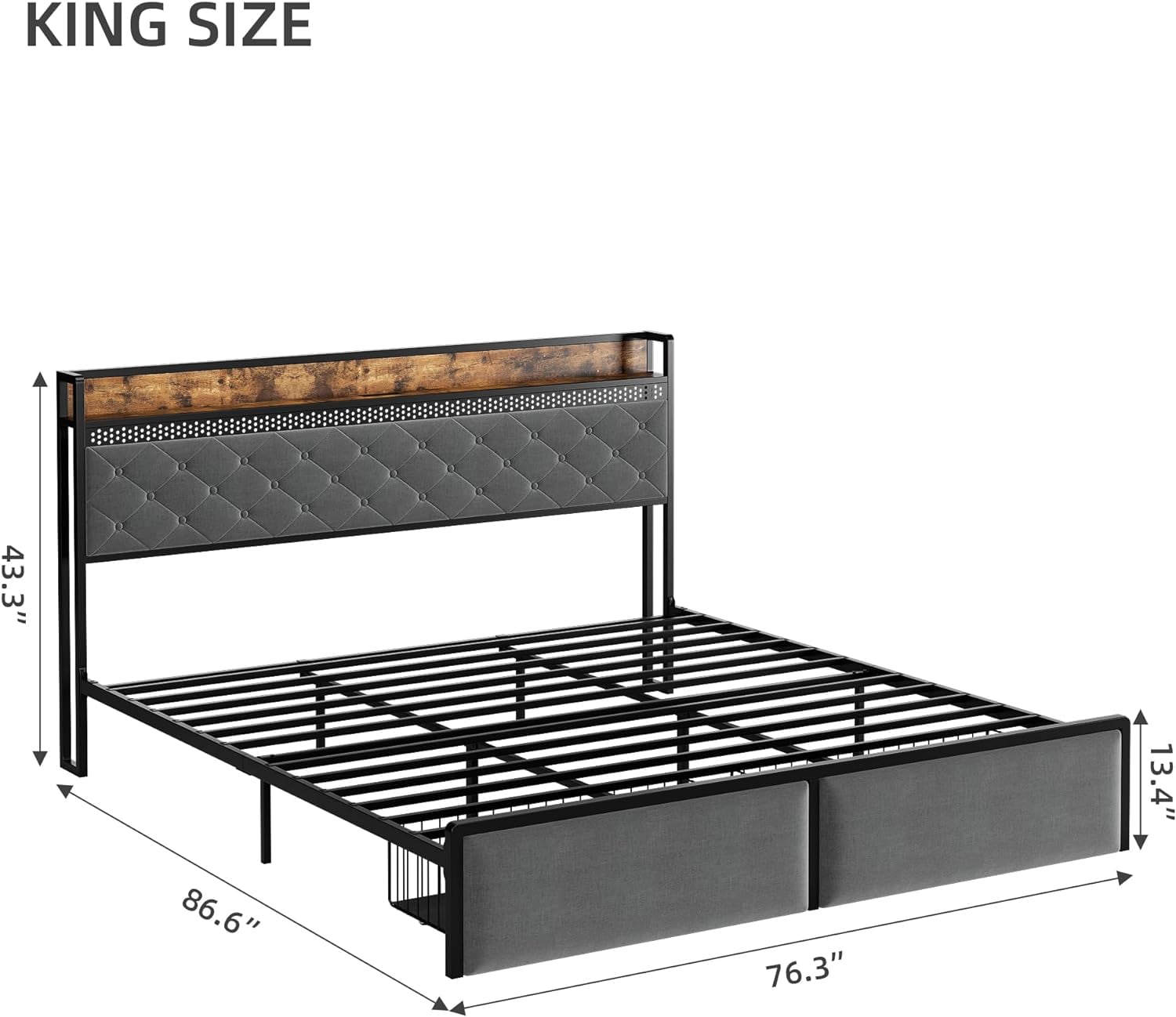 Historyli King Size Bed Frame with RGB LED Lights,Storage Headboard & 2 Storage Drawers,Upholstered Platform Bed with USB Ports & Outlets,Noise Free,Easy Assembly,No Box Spring Needed,Grey