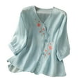 thumbnail image 2 of Ounisa Women V Neck Linen Tshirts Women Summer Fall 3/4 Sleeve Relaxed Fit Embroidered Button Tee Shirt Tops, 2 of 6