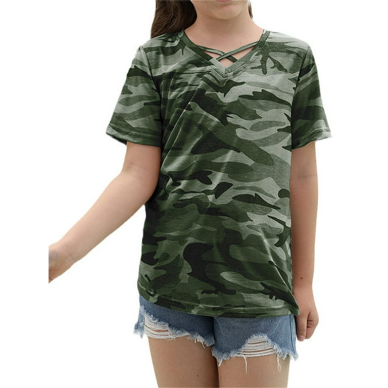 Girls Camouflage Children Sleeved Langwyqu Cross T-Shirt Short Kids Print Tops