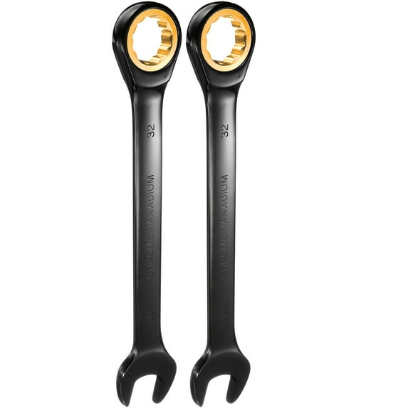 Uxcell 2Pcs Ratcheting Wrench 32mm Metric Open End Wrench 72-Teeth CR-V Steel 12 Point Nickel Plated Combination Ratchet Wrench