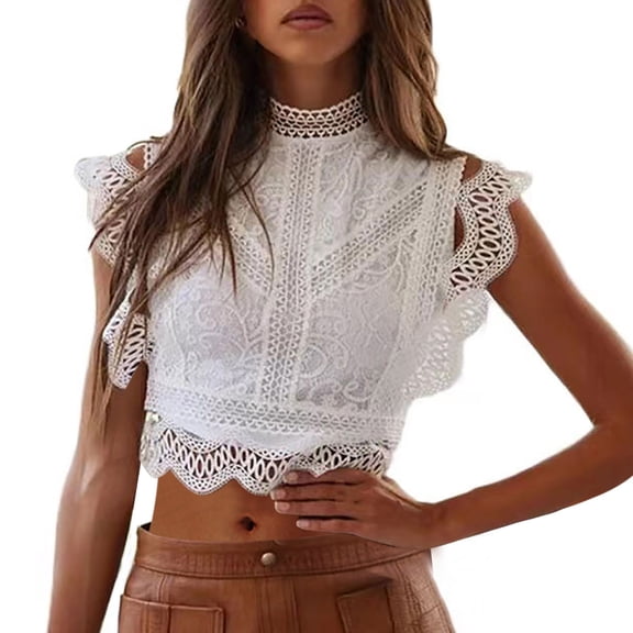 Staron Summer Women's Casual Lace Tank Top Round Neck Sleeveless Cropped Basic Tee Blouse with Zipper, White L