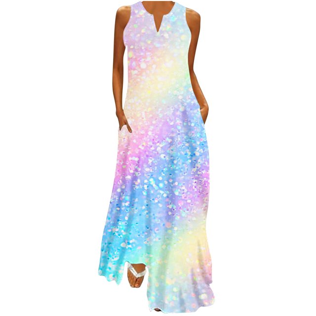 Dvkptbk Women's Summer Robe Maxi Sans Manches Été Col en V Décontractée Boho Robe d'Été Dégradé Ourlet Long Style Piste Robes de Plage