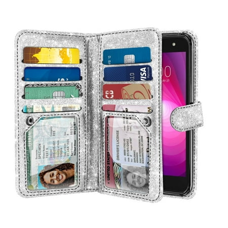 Silver Nokia Pouch - NEXTKIN Multi Card Slots Double Flap Bling Glitter Wallet Pouch Case for LG X Power 2 LV7 5.5