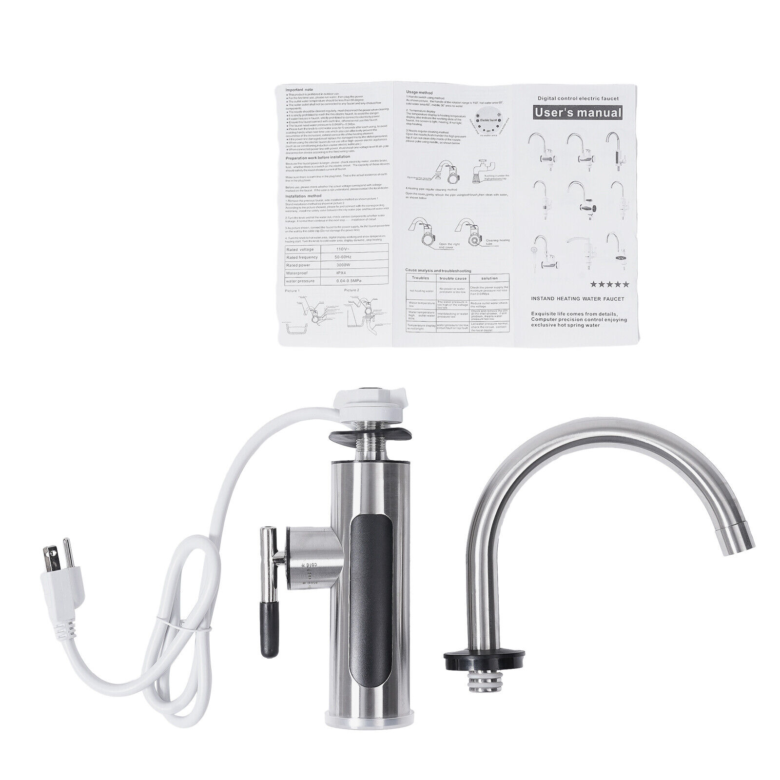 304 SS 360° Electric Heating Faucet Heater Faucet,110V Corded Electric Instant Heating Water Faucet 3000W