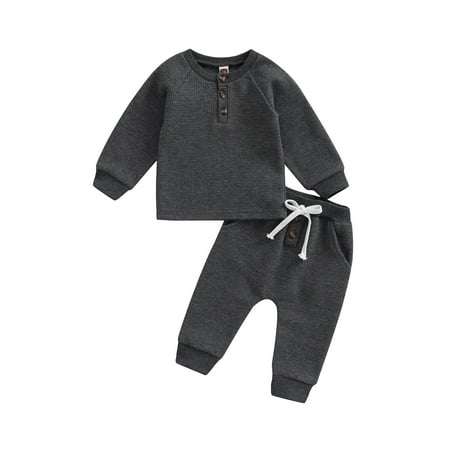 

Sunisery Toddler Unisex Baby Solid Color Outfits Waffle Knit Long Sleeve Pullover Shirts Pants Fall Winter 2Pcs Dark Grey 12-18 Months