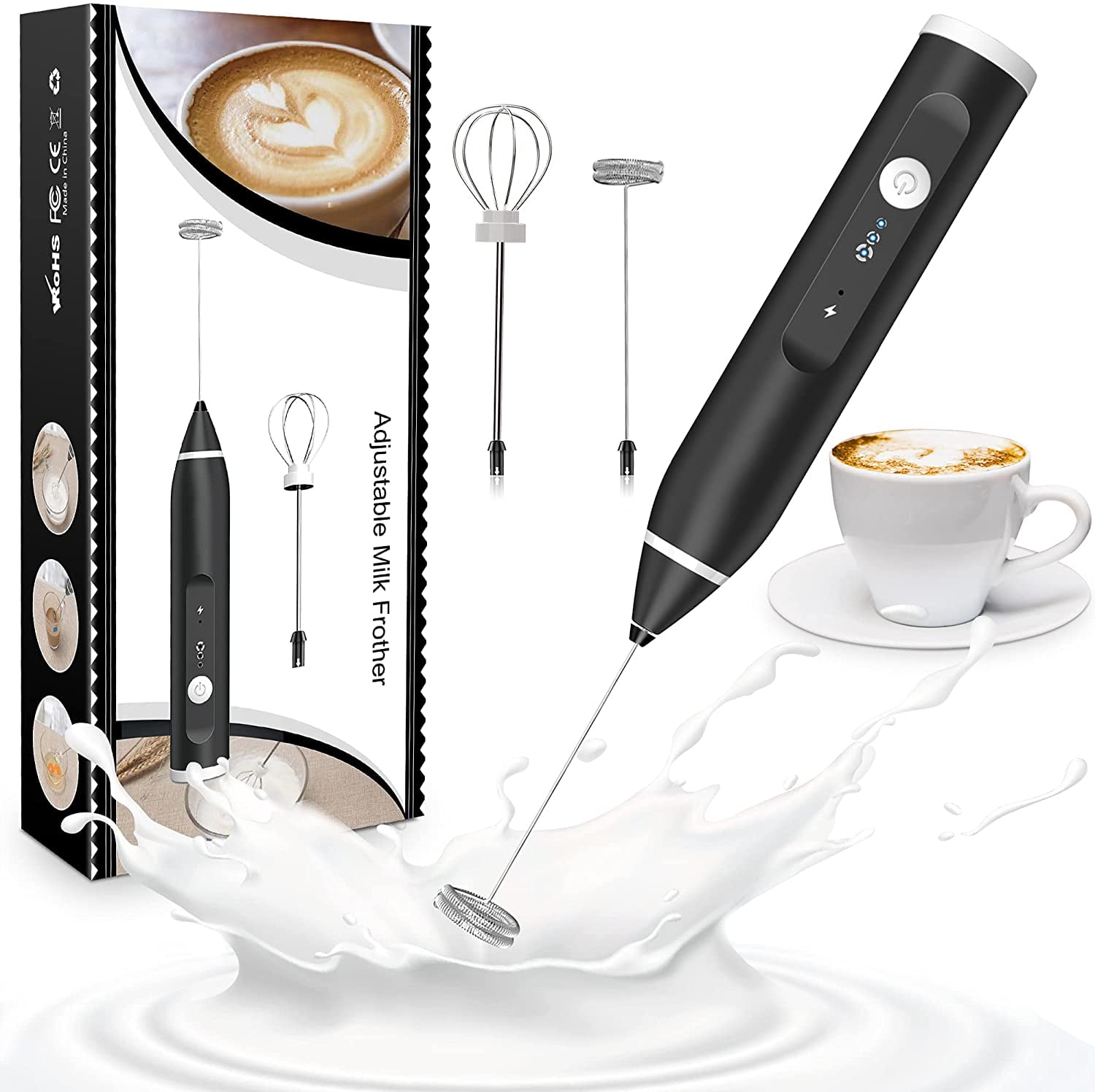 [Upgraded] KURSINNA Powerful Rechargeable Milk Frother Handheld with 3  Speed, USB-Charge Hand Frother with 2 Stainless Whisks, Coffee Frother for