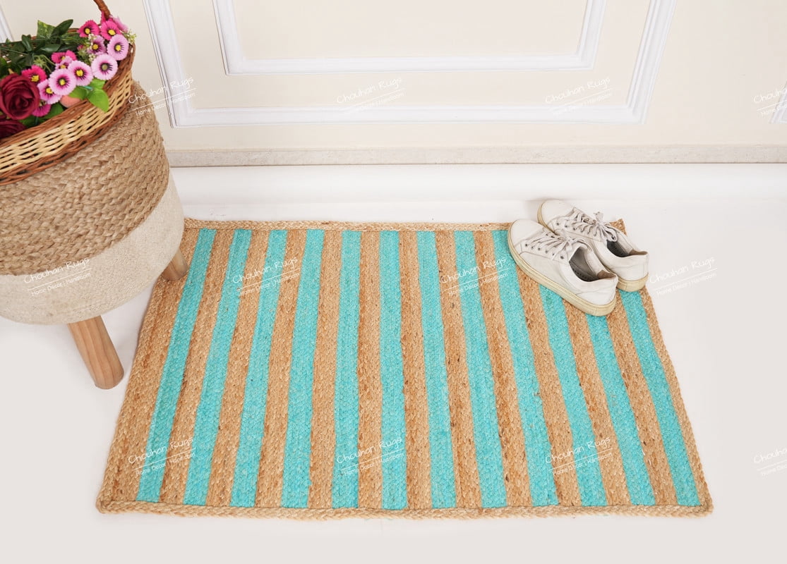 Rectangle Rug Natural Jute Rug Hand Braided Beige and Turquoise Color Area Rug