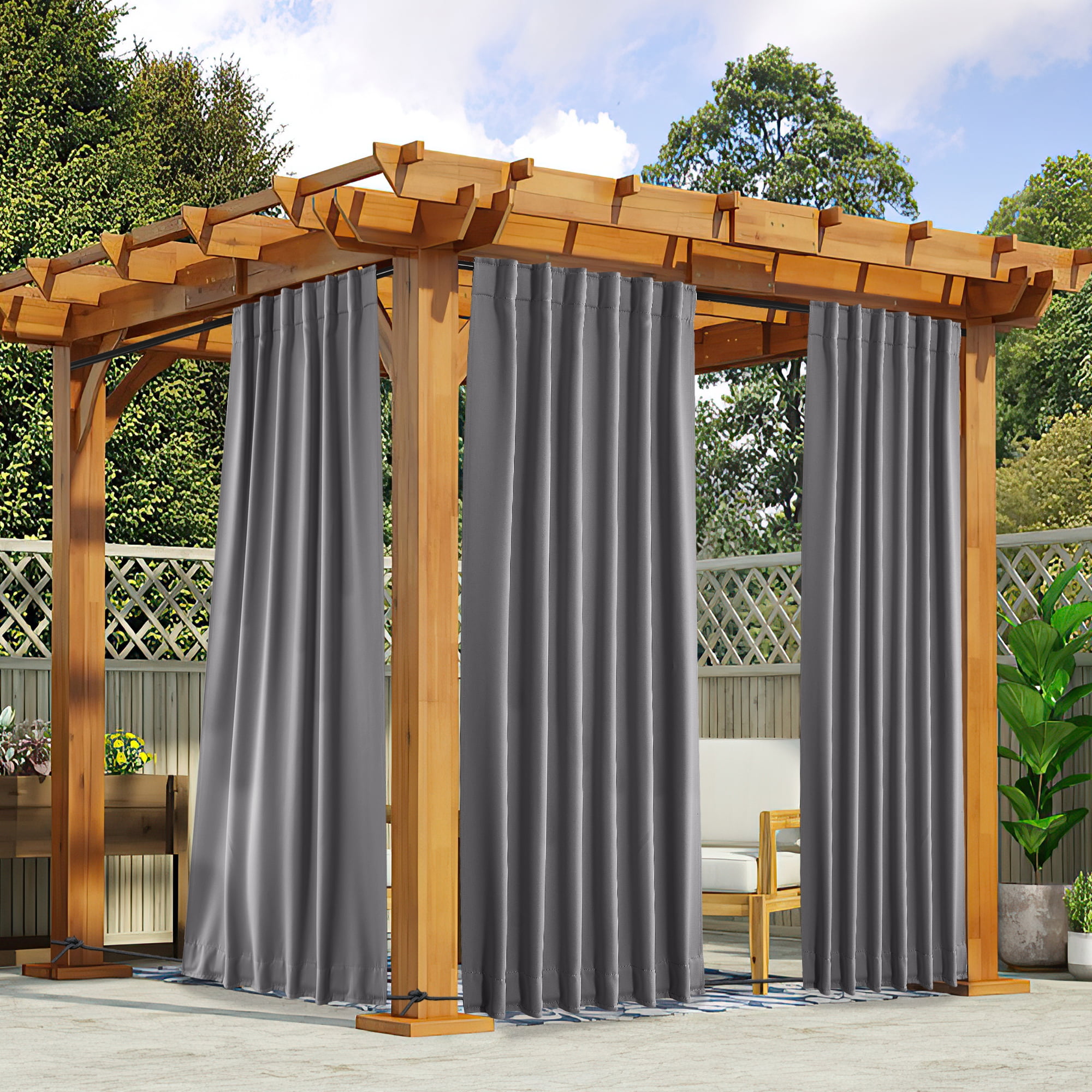 NICETOWN 2 Panels Outdoor Pergola Curtains Waterproof and Windproof Top & Bottom Pocket & Back Tab Blackout Privacy Keep Drapes for Patio with Fixed Rope, 52"x 95", Grey