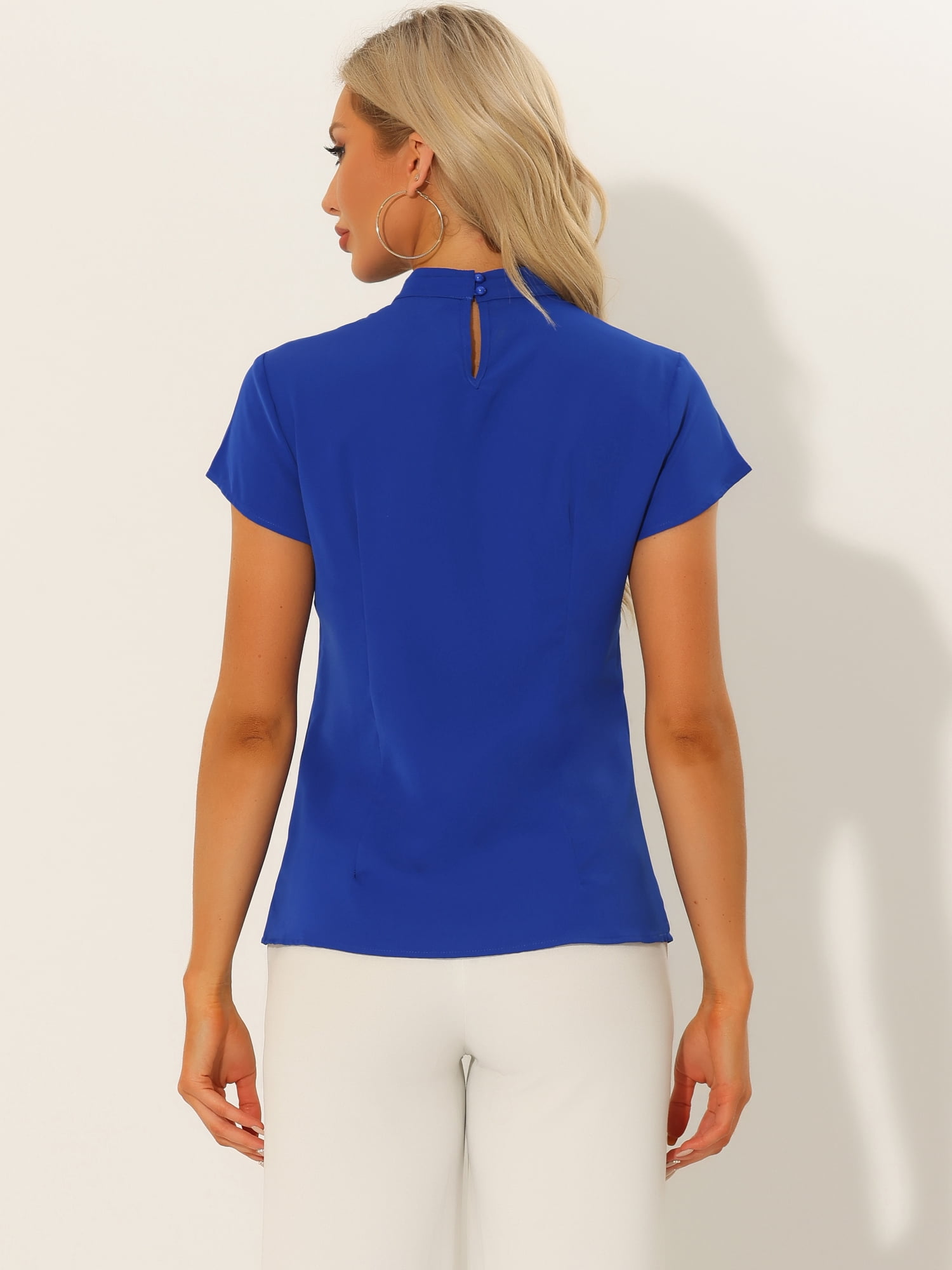 DARING DIVA Stand Collar Cap Sleeve Keyhole Back Blouse XL Royal Blue