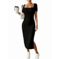 thumbnail image 2 of Women 2025 Summer Ribbed Short Sleeve Bodycon Maxi Dress Side Slit Knit Square Neck Long Sundress, 2 of 8