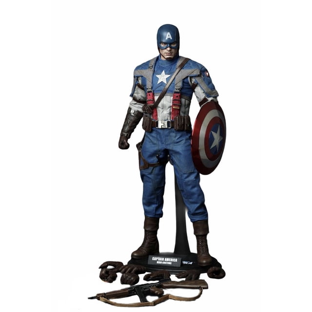 figura hot toys mms156 - marvel comics - captain america : the first avenger - captain america figura coleccionable 1/6 de ~30 cm con casco y cuerpo articulado; traje azul con estrella blanca en el pecho, tirantes grises y rojos, cinturón y botas marrones; incluye escudo metálico rojo-blanco-azul, ametralladora, pistola, base con placa y nueve palmas intercambiables; vista frontal, figura completa sobre base, adecuada para exhibición en vitrina de coleccionista.