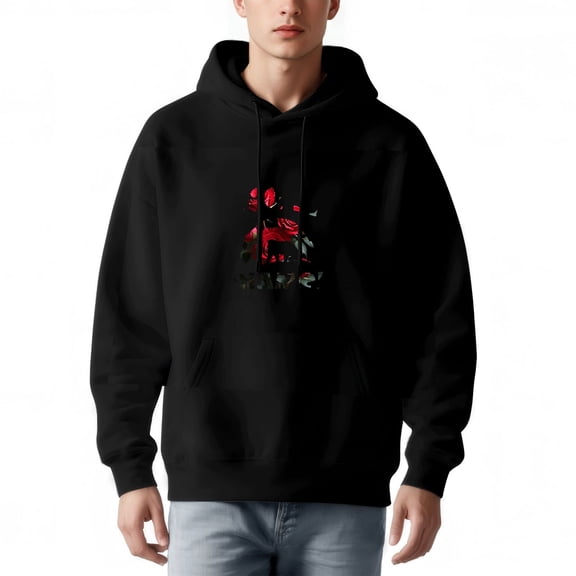 Men's Loose Fit Hoodie with Front Pocket Long Sleeve Pullover Sweatshirt featuring Bold Red & Black Graphic Design