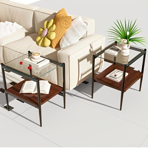 Set of 2 Rectangle End Table, Tempered Glass Tabletop with MDF layer, Modern Table for Living Room , Transparent Glass