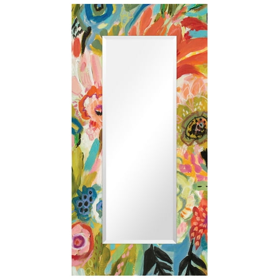 "Secret Garden Floral III" 72"x36" Colorful Rectangular Beveled Leaner Mirror on Free Floating Reverse Printed Tempered Art Glass