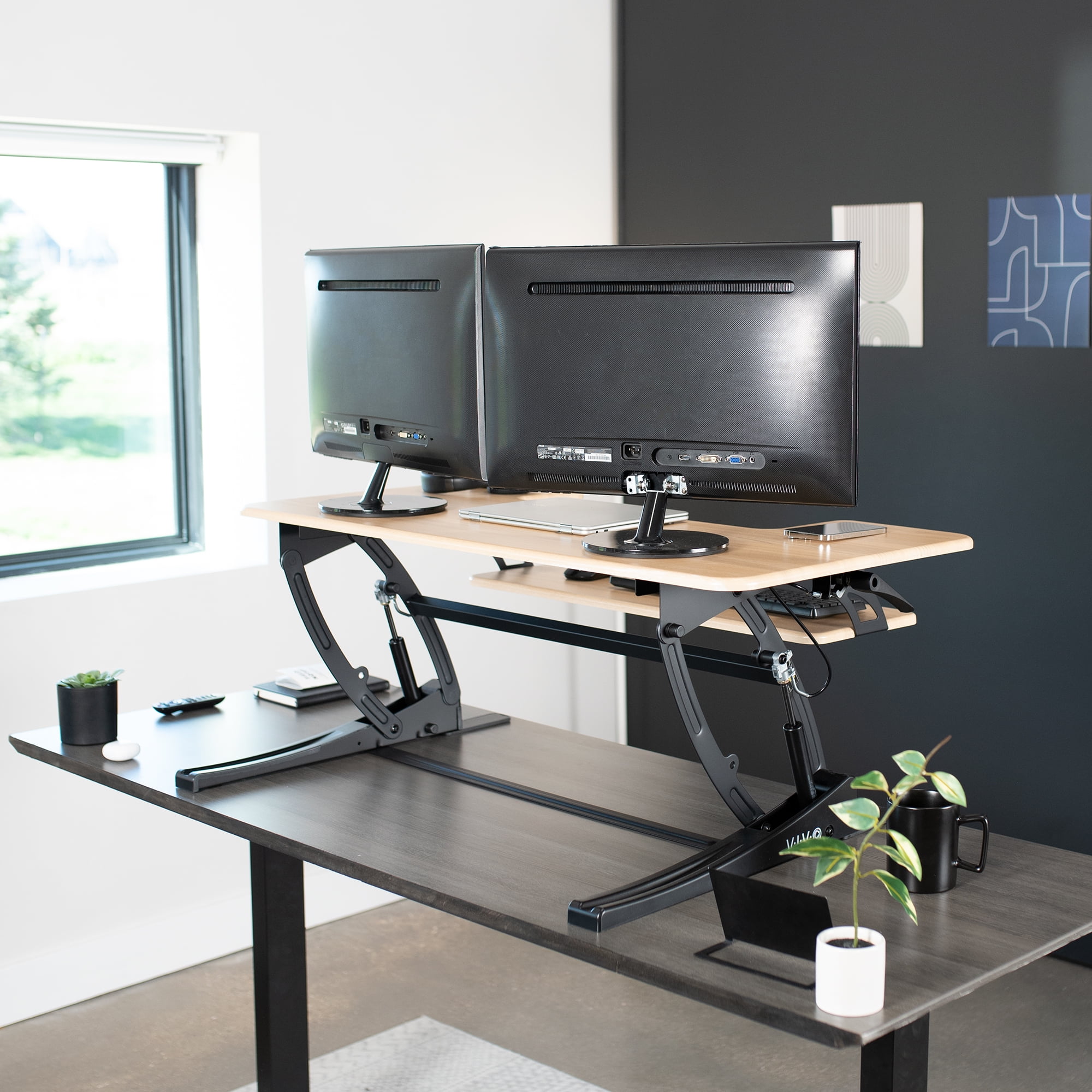 VIVO Light Wood Height Adjustable Standing Desk Monitor Riser Tabletop Sit Stand