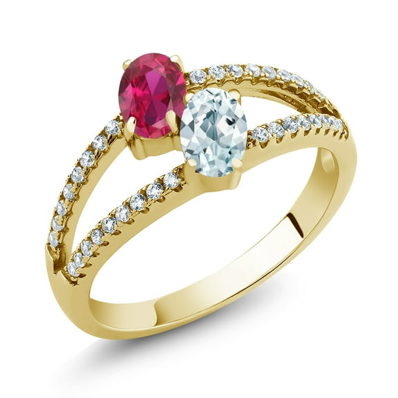 Gem Stone King 1.34 Ct Created Ruby Aquamarine Two Stone 18K Yellow Gold Plated Silver Ring (Size 5)