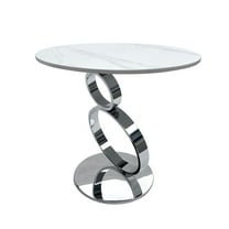 Tiyo 22 Inch Accent End Table, White Round Sintered Stone Top, Silver Steel