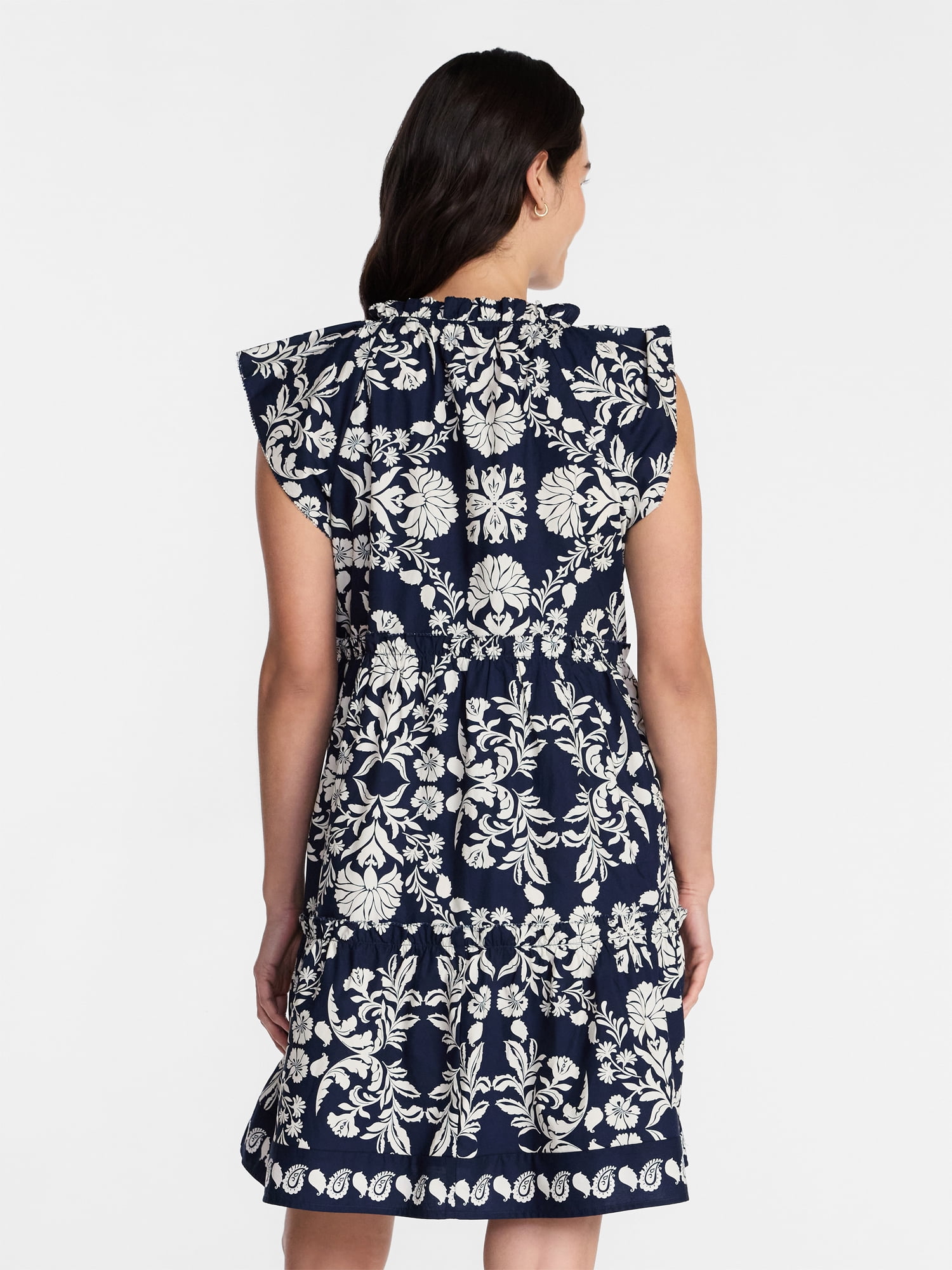 Time and Tru Women's and Women's Plus Tiered Cotton Mini Dress with Flutter Sleeves, Sizes XS-4X