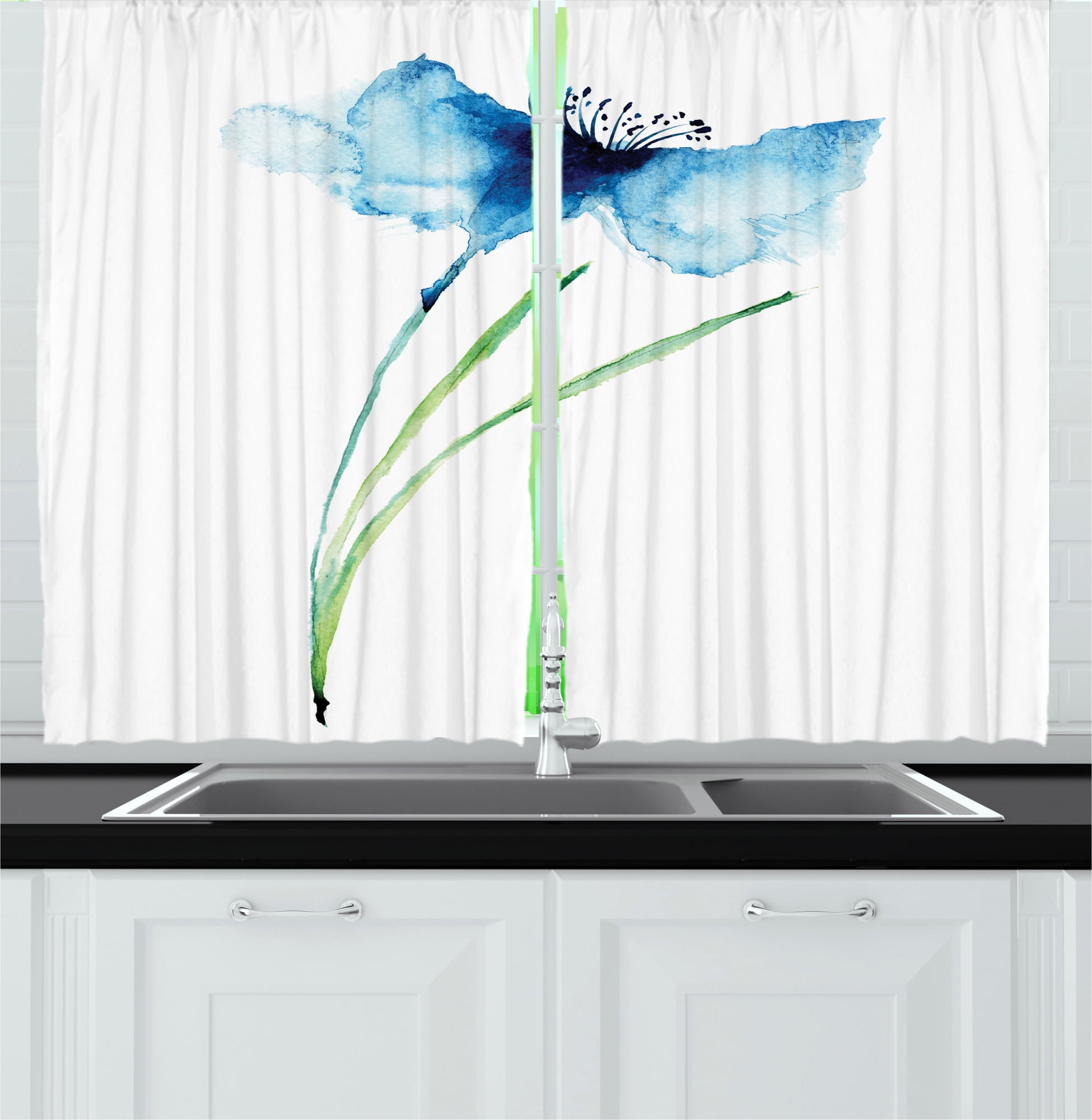 Watercolor Flower Kitchen Curtains, Cornflower Summer Botanic Floral