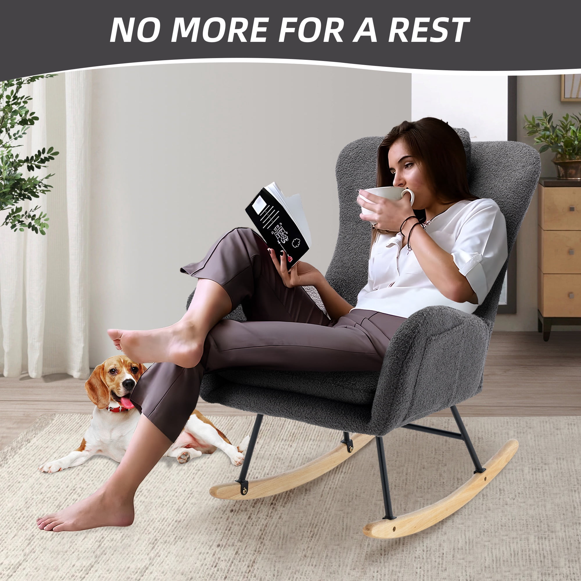 PAPROOS Modern Teddy Fabric Rocking Chair, Accent Rocker Chair with High Backrest for Nursery, Accent Glider Rocker for Living Room Bedroom Playroom，Gray