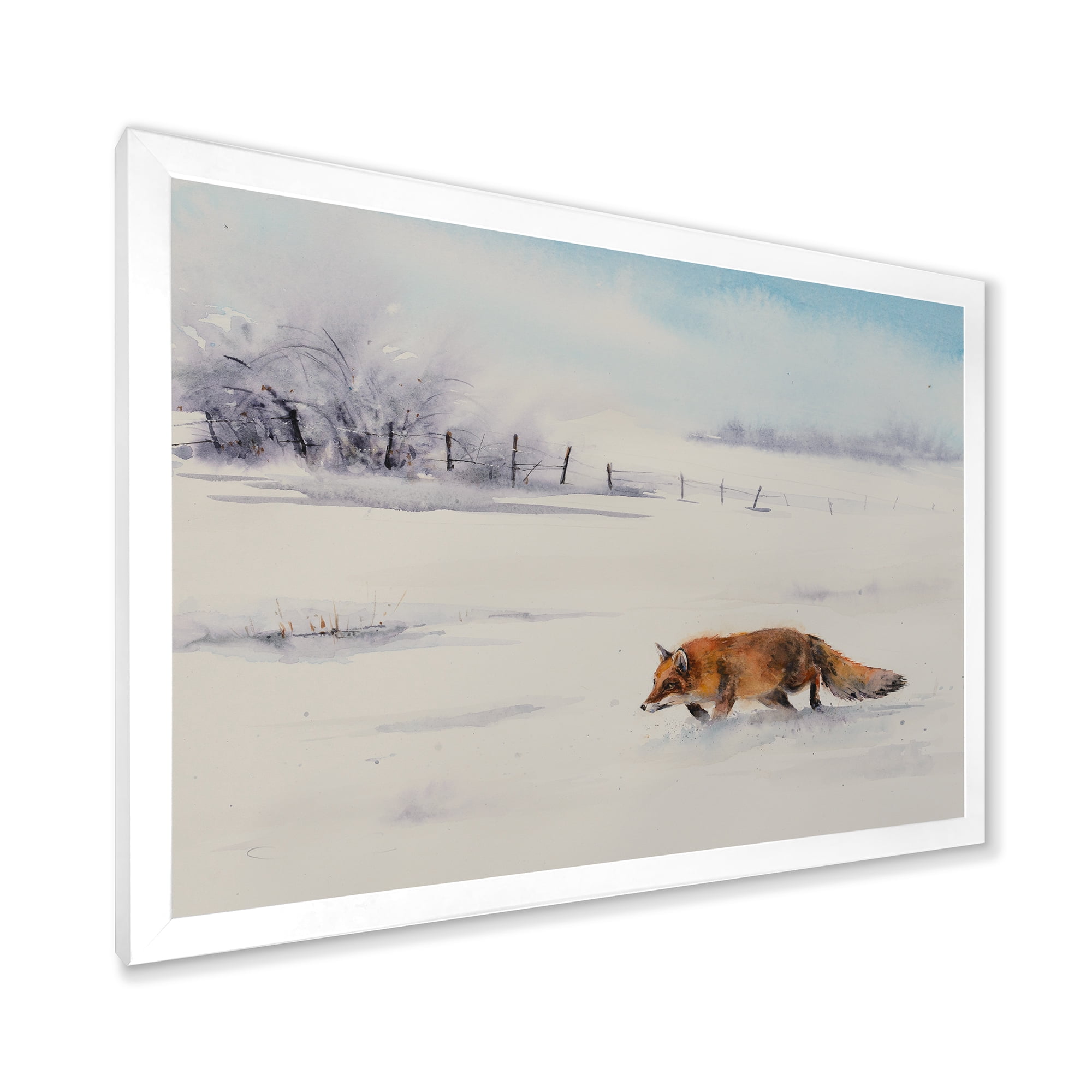 Designart 'Red Fox Running In White Snow in Countryside I' Farmhouse Framed Art Print