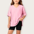 thumbnail image 2 of Girls 2pc Outfits Summer Short Sleeve V Neck Drop Shoulder T-Shirts Basic Leggings Shorts Sets Pink 10-11 Years, 2 of 7