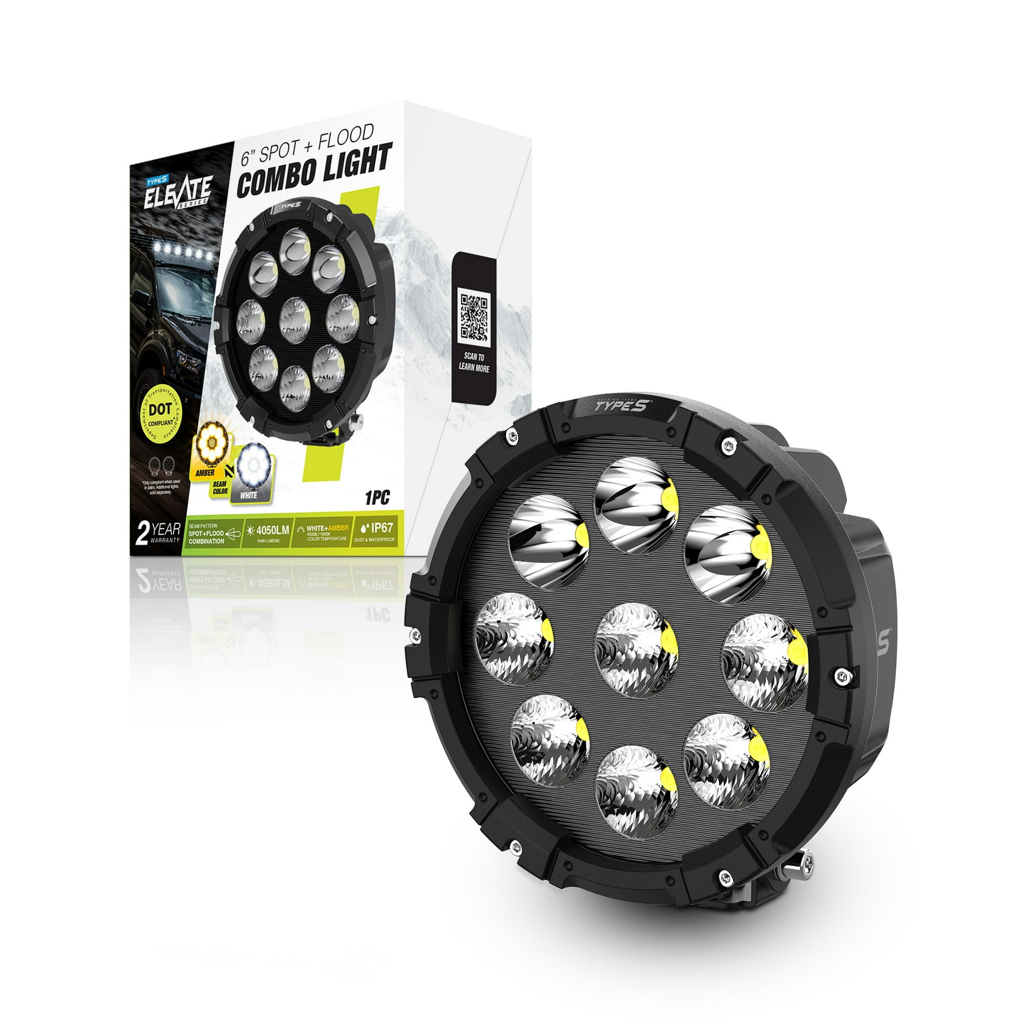 TYPE S - Elevate 6 Inch Spot + Flood Combo Beam Pod Light - DOT Compliant - 4,050 Raw Lumens, Waterproof, Die-cast, Off Road Lights, Truck, Jeep, UTV, ATV, SUV, 1 Pack