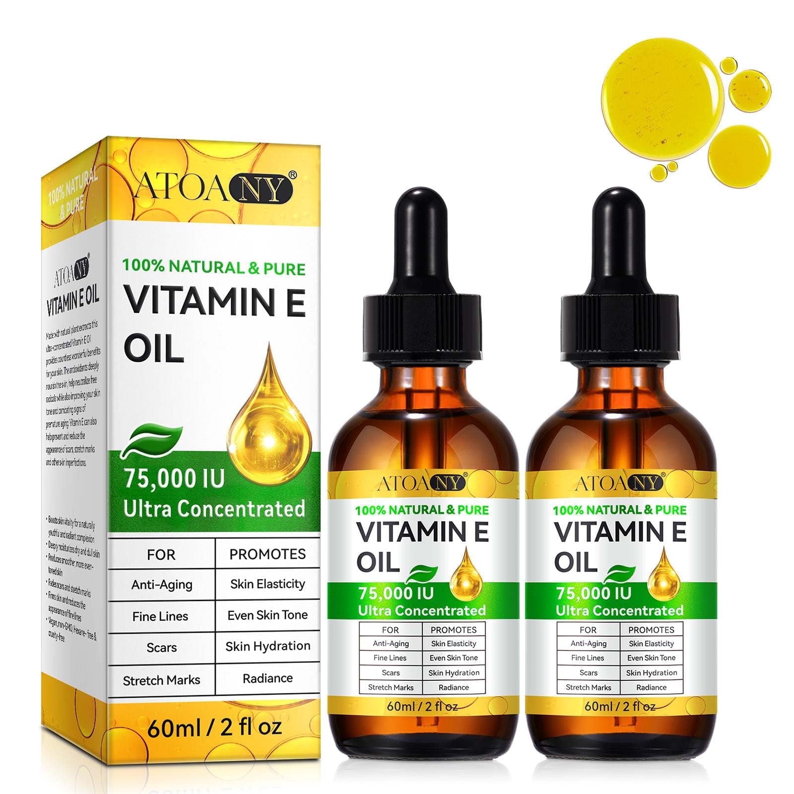 Vitamin E Oil - 100% Pure & Natural, 75,000 Iu,Vitamin E Oil for Skin,, Face, Hair, Nails, and Scars - 2Pack