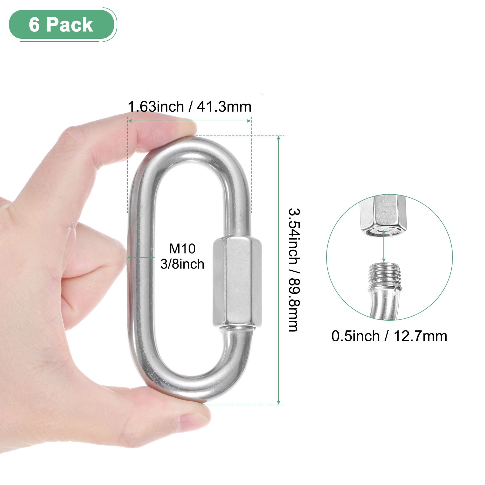 6-Pack Quick Chain Link Connector, M10 3/8 304 Stainless Steel D-Shape Locking Repair Chain Links for Swing/Camping/Hiking/Backpack, Twist Key Ring Screw Chain Link [Silver]