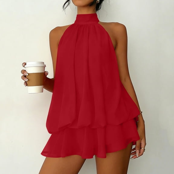 ClodeEU Women's Halter Dress Tie Backless Chiffon Mini Dress,Ruffle Vacation Dresses Red,Womens Plus L