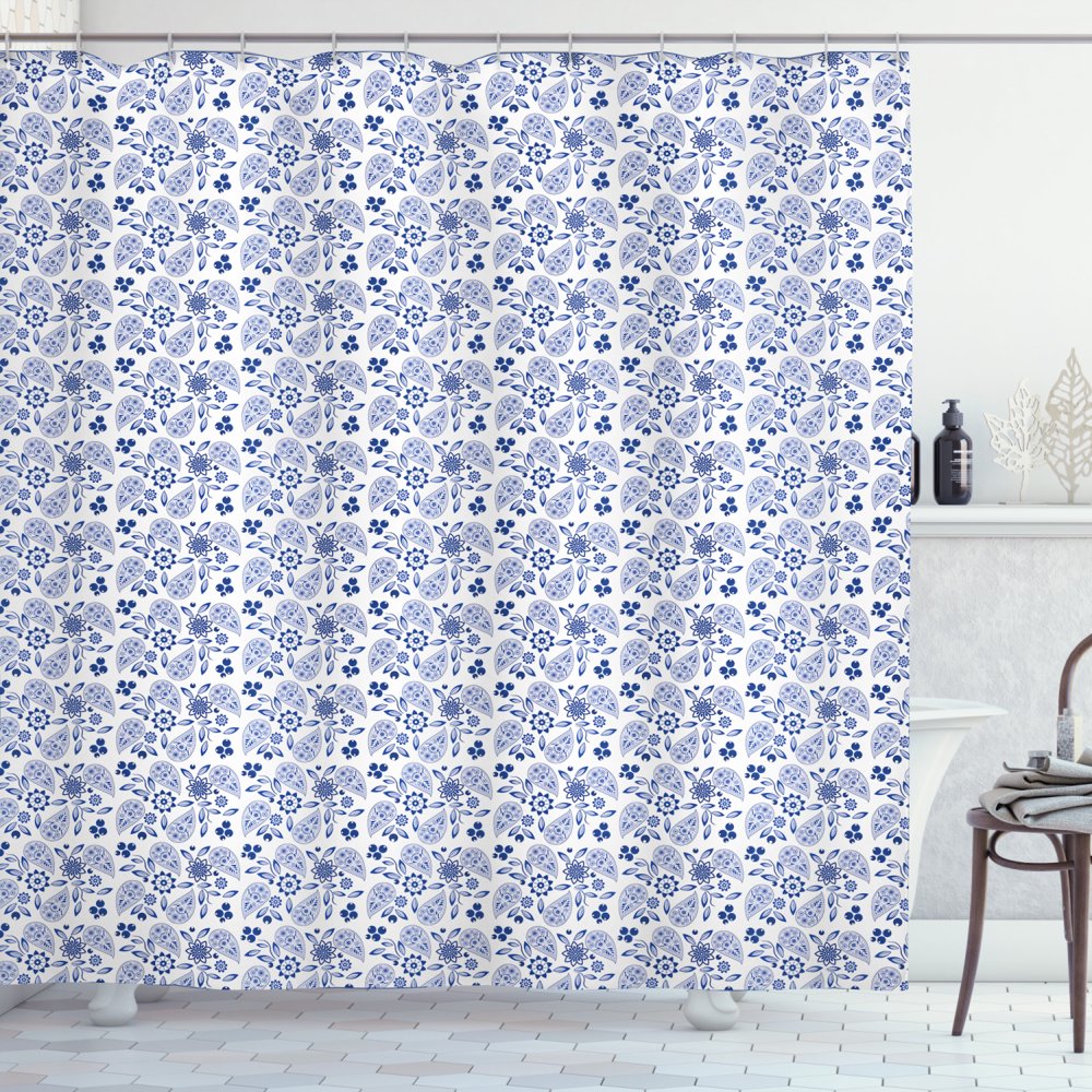 Blue Paisley Shower Curtain, Rhythmic Flowers and Berries Art on Plain Backdrop Illustration