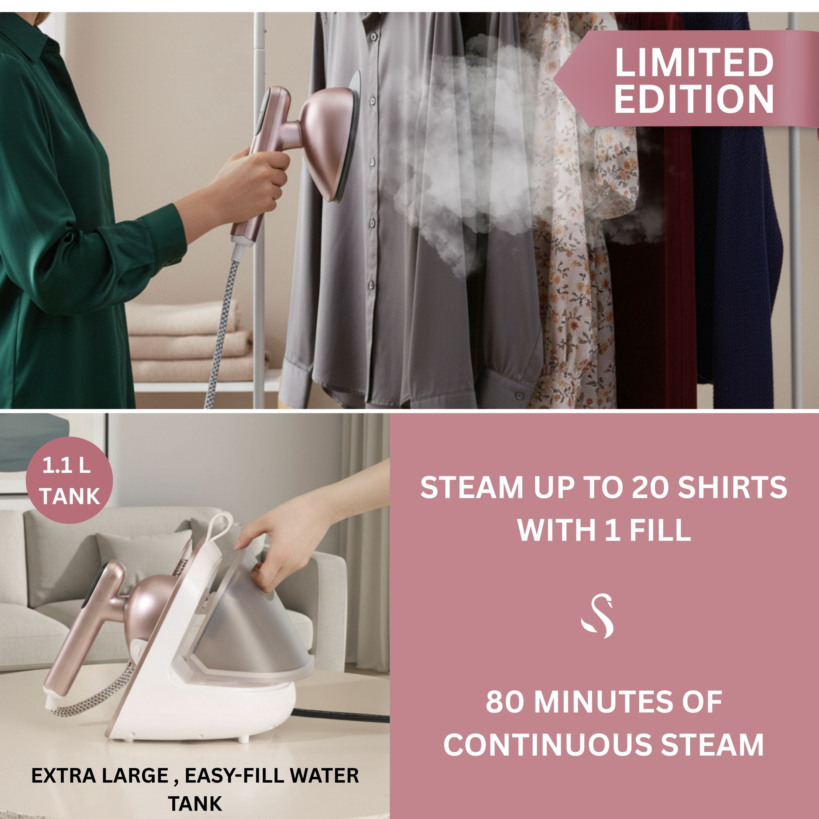 SALAV Deluxe DuoPress Steamer and Iron Station with Steam Levels and Digital Display, Rose Gold