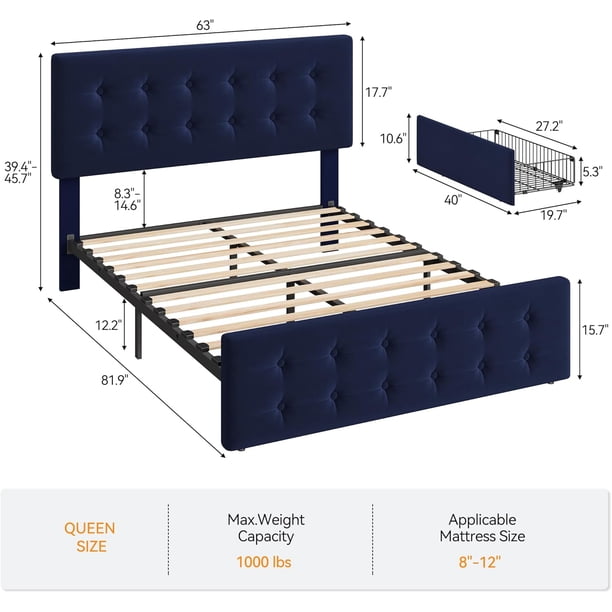 Blue queen size velvet forrado marco de cama con adjustable cabecero, 4 almacenamiento cajones, button tufting y de madera slats
