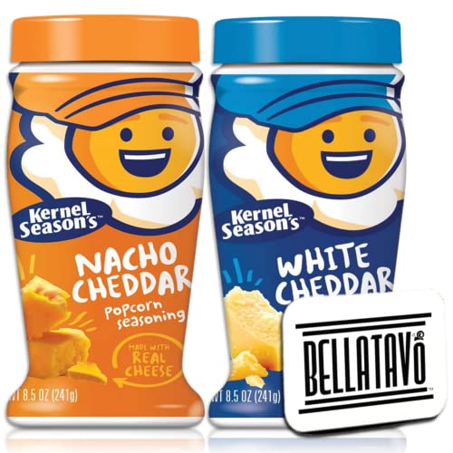 Cheddar Cheese Popcorn Seasoning Bundle. Includes Two-8.5 Oz Kernel Season's Popcorn Seasonings in Jumbo Seasoning Shaker and a BELLATAVO Ref Magnet. One Each: White Cheddar and Nacho Cheddar