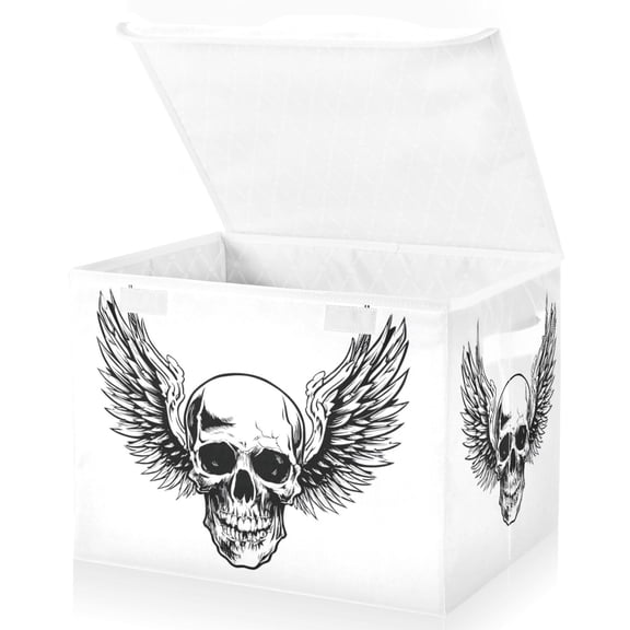 Foldable Fabric Storage Bin With Handle Collapsible Basket Box Storage With Lid Organizer Skull with Wings