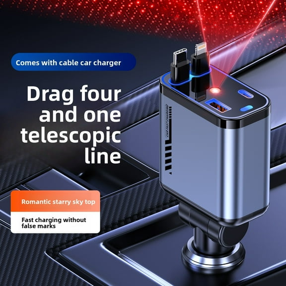 120W USB C Fast Car Charger with PD Quick Charge, 4 in 1 Retractable Cable Cigarette Lighter Car Charger, 180° Rotating Head, for iPhone and Android