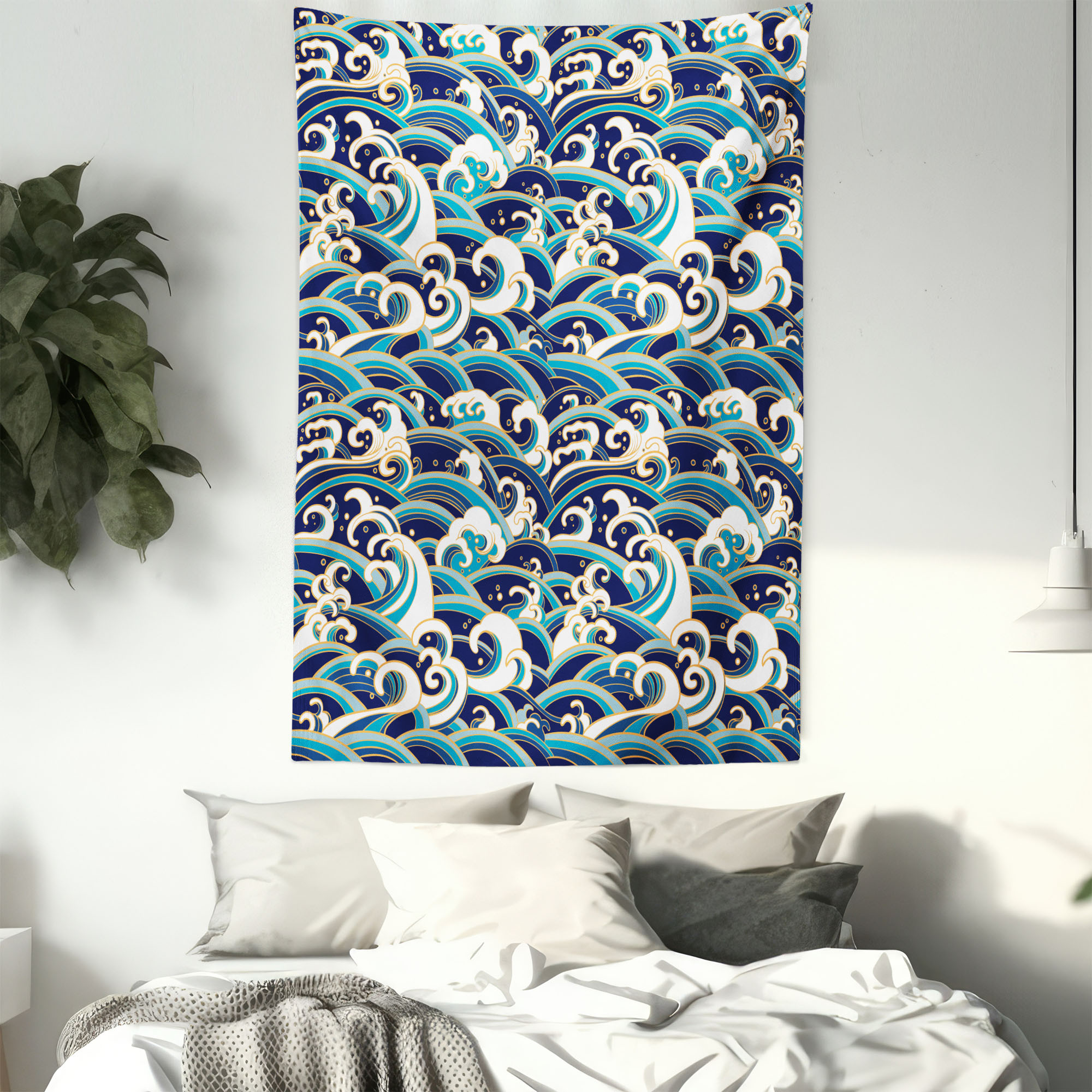 Nautical Tapestry, Traditional Oriental Style Ocean Waves Pattern with Foam and Splashes Print, Wall Hanging for Bedroom Living Room Dorm Decor, 40W X 60L Inches, Blue and White, by Ambesonne - image 3 of 5