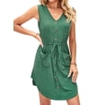 thumbnail image 3 of HUBERY Women Button V Neck Sleeveless Tie Waist Pockets Irregular Hem Dress, 3 of 7