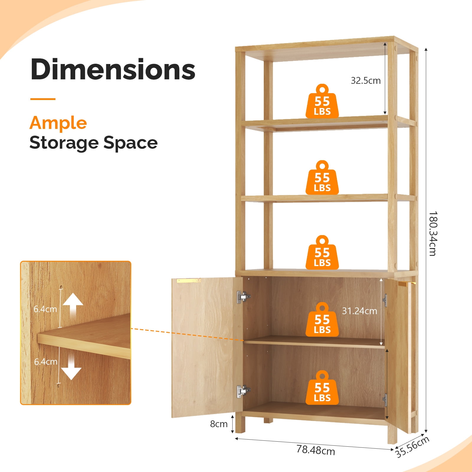 Ktaxon Fluted 6-Tier Bookshelf, 71" Modern Sturdy Bookcase with Storage Cabinet, Oak