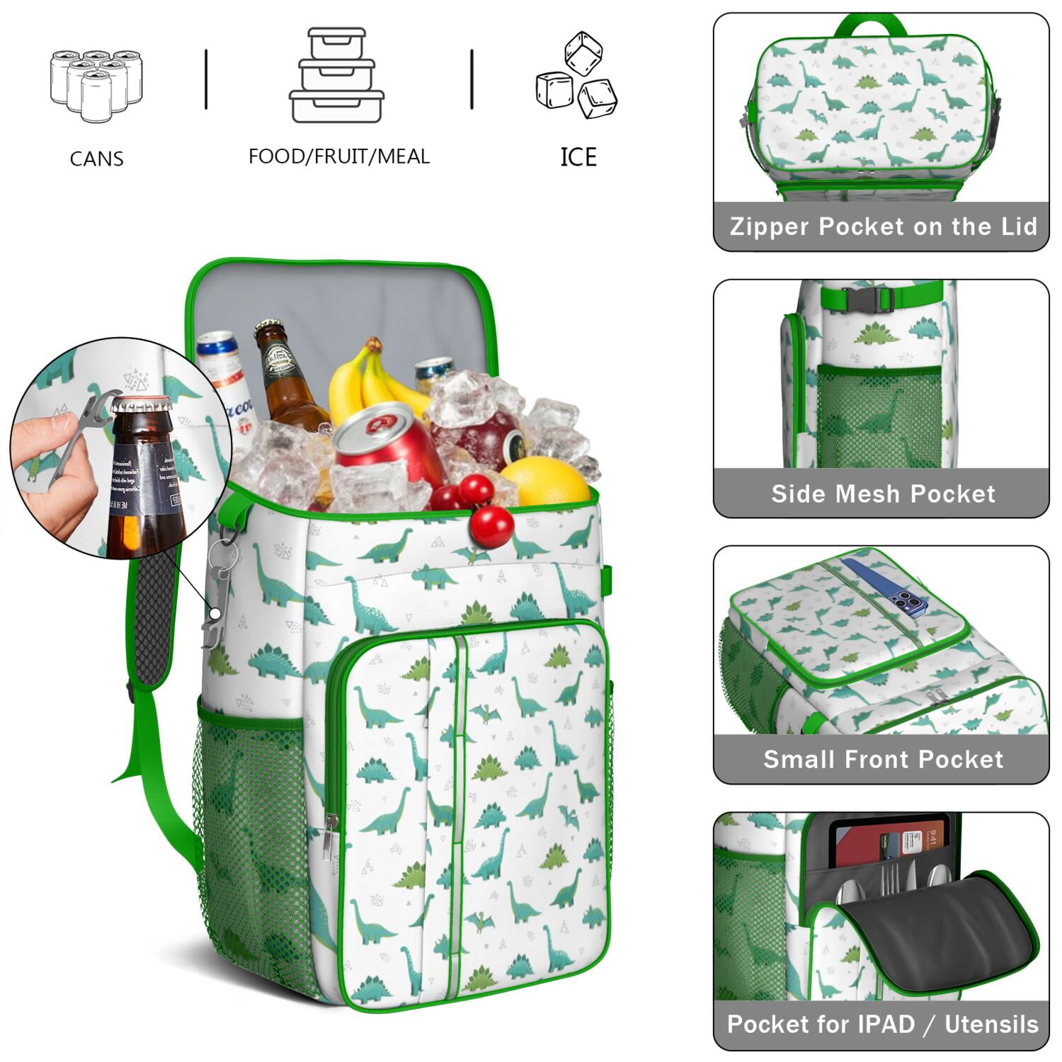 Travel Cooler Bag - White Cartoon Dinosaurs Geometric Pattern Camping Beer Cooler Backpack with Bottle Opener- Waterproof Insulated Picnic Backpacks - Cooler Bag for Beach
