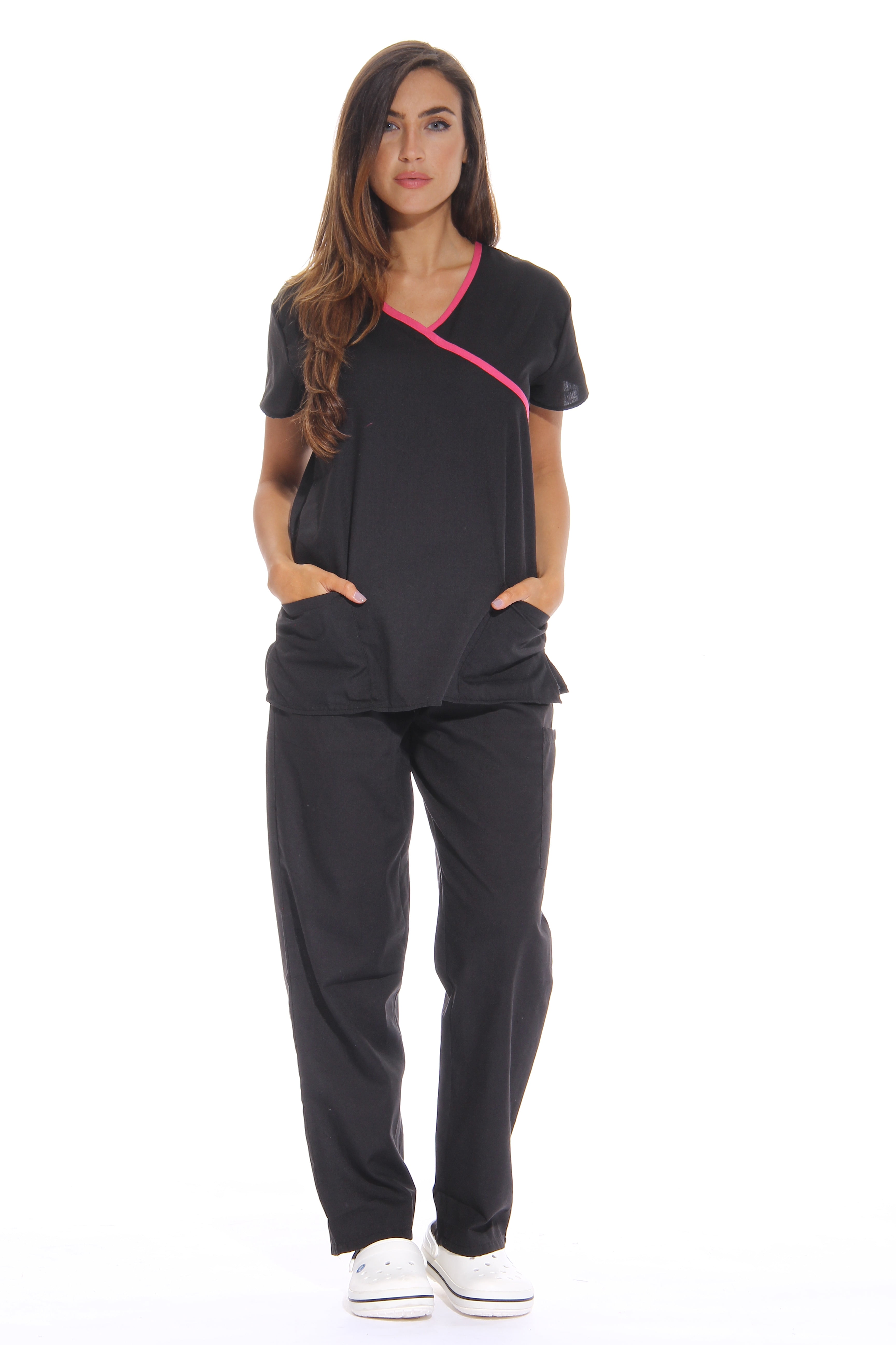 Women's Fashion Medical Nursing Scrub Tops Pink Base Black Gray Pink Hearts 2XL 