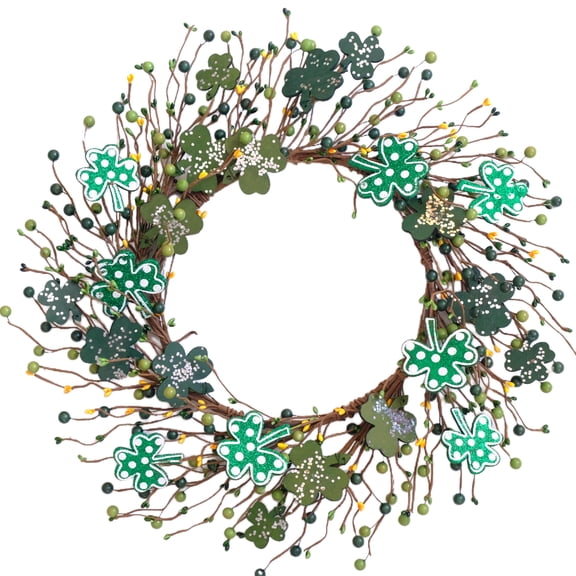 24 Inch St. Patrick's Day Wreath, Green Clover Wreaths with Glittery Shamrocks and Berries, Front Door Wreath for St. Patrick's Day Holiday Spring Home Wall Porch Decor