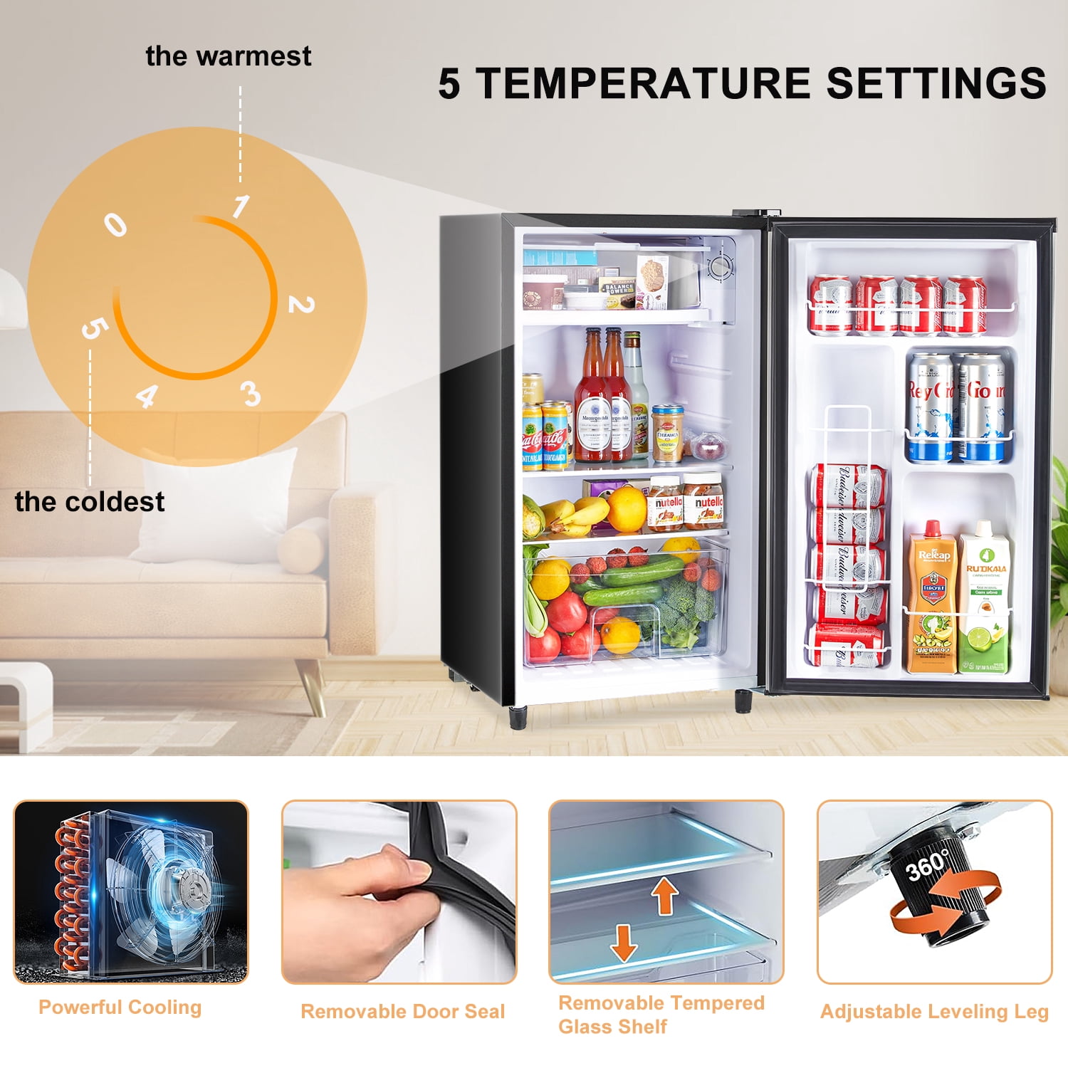 Mini Fridge with Freezer 3.2 Cu.Ft Compact Dorm Refrigerator for Kitchen, Office, Bedroom, Removable Glass Shelves Adjustable Thermostat Low Noise, 17.5" D x 17.7" W x 31.5" H, Black