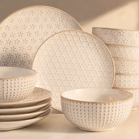 24 Piece Embossed Ceramic Dinnerware Set, Service for 8