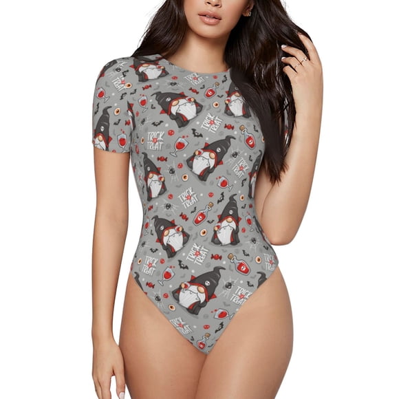Fotbe Halloween Gnome Body de Mujer con Cuello Redondo y Mangas Cortas, Sin Mangas Ajustado, Suave, Cómodo y Básico-XX-Large