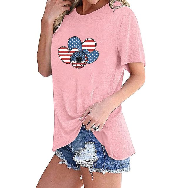 Fiudx Ofertas Flash Artículos En Oferta Camiseta de Manga Corta con Cuello Redondo y Estampado de Bandera de Moda para Mujer